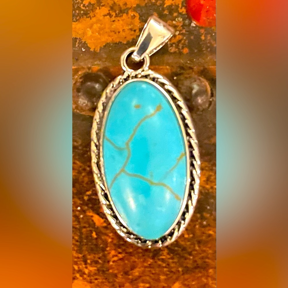 Faux Turquoise and Silver Oval Pendant